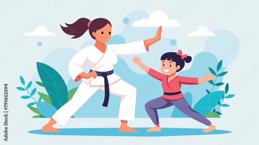 A mother and daughter duo practicing martial arts together showcasing the strong bond and empowerment that martial arts can bring to women of A mother and daughter duo practicing martial arts together showcasing the strong bond and empowerment that martial arts can bring to women of