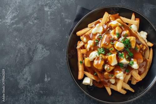 Brown gravy is poured over French fries and cheese curds in the Canadian poutine cuisine. Generative Ai. © Planum