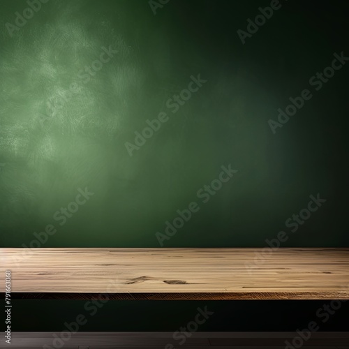 Abstract background with a dark olive wall and wooden table top for product presentation, wood floor, minimal concept, low key studio shot