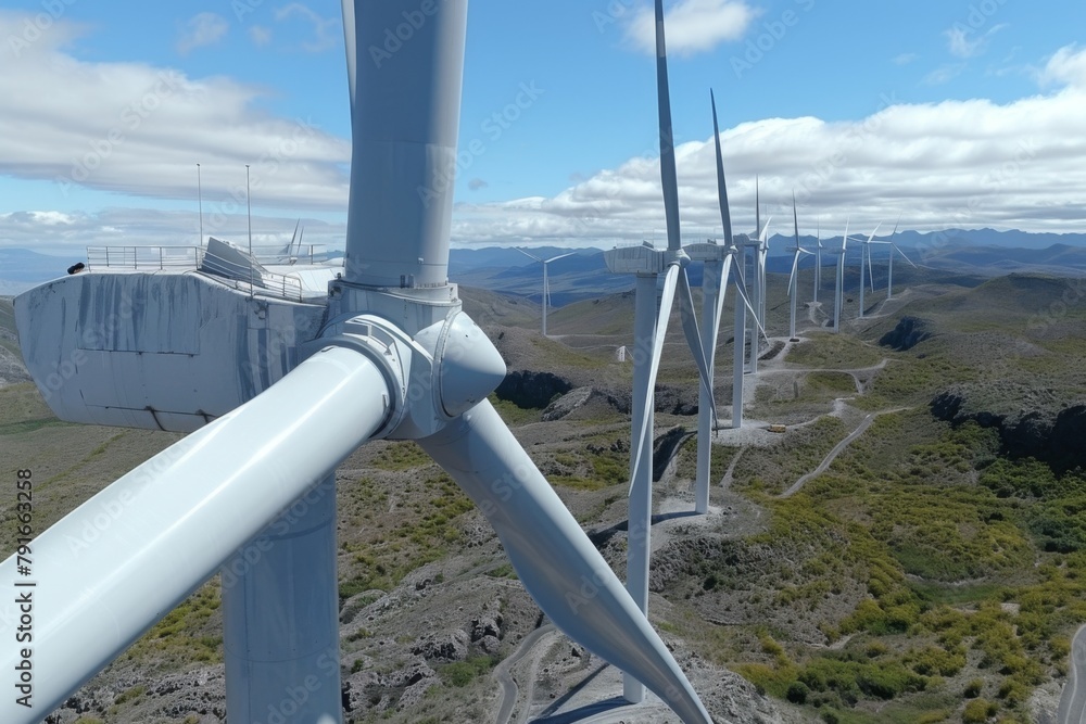 Elevated view of a wind farm with numerous wind turbines against a backdrop of rugged terrain and blue sky. Elevated view of a wind farm with numerous wind turbines against a backdrop of rugged terrain and blue sky.