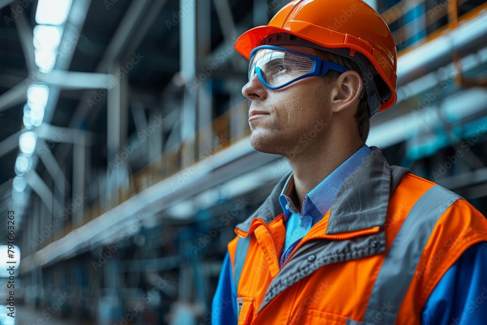 A male engineer in an orange safety vest and blue helmet, gazing thoughtfully at industrial surroundings. A male engineer in an orange safety vest and blue helmet, gazing thoughtfully at industrial surroundings.