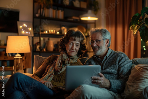 Mature couple enjoying a quiet moment with technology at home.