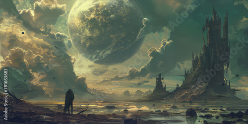 A lonely figure stands on a beach ,in front of a ruined city ,and a gigantic moon is rising in the sky , digital art ,fantasy ,matte painting ,concept art ,surrealism. photo