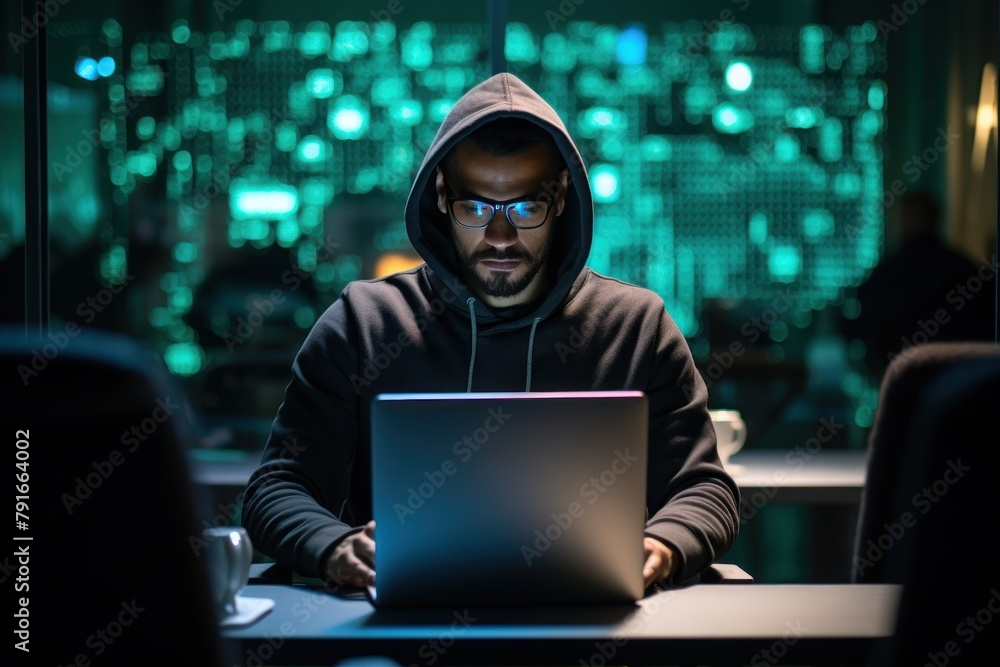 Focused man in hooded sweatshirt programming late at night Focused man in hooded sweatshirt programming late at night