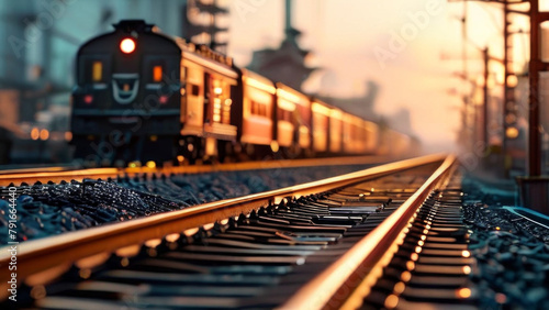 macrophotographs of the railroad in the evening. sunset. train on the tracks approaching the station.