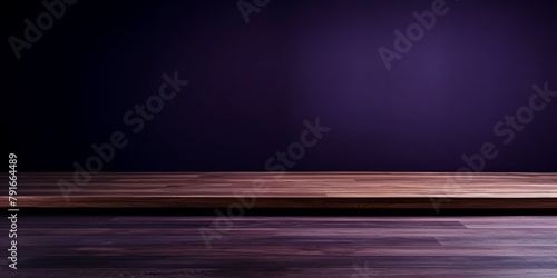 Abstract background with a dark purple wall and wooden table top for product presentation  wood floor  minimal concept  low key studio shot