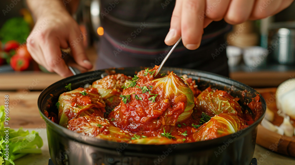 A man puts lazy cabbage rolls into a multicooker bowl