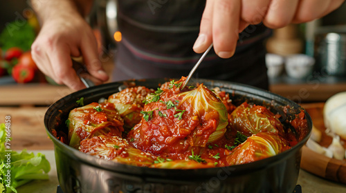 A man puts lazy cabbage rolls into a multicooker bowl