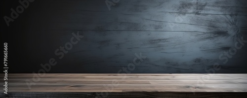 Abstract background with a dark silver wall and wooden table top for product presentation  wood floor  minimal concept  low key studio shot