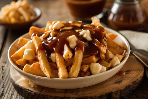 Brown gravy is poured over French fries and cheese curds in the Canadian poutine cuisine. Generative Ai. © Planum