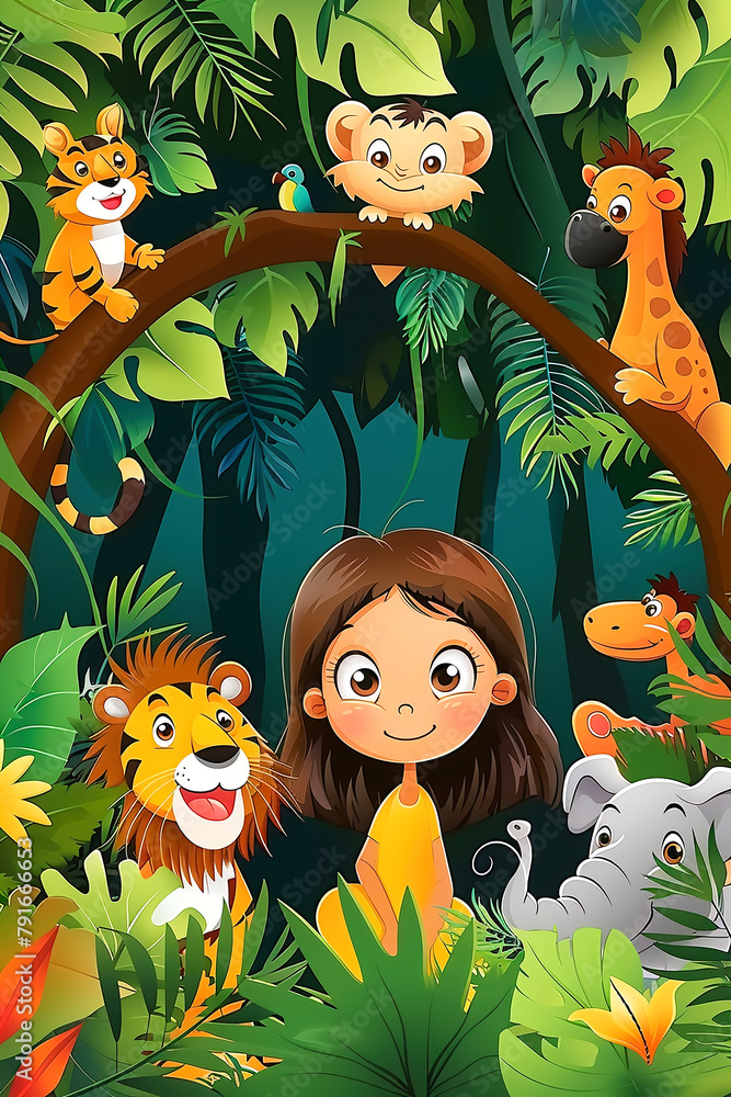 Naklejka premium Girl surrounded by animals among the jungle vegetation. Children's illustrations