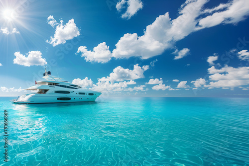 A luxury yacht in the middle of a sea with turquoise water on a sunny day with some cloud in the sky. Generative AI