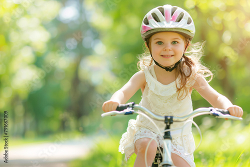 portrait of little girl in helmet riding bike in summer park