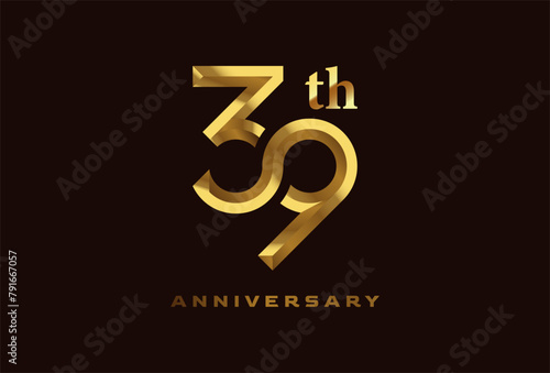 Golden 39 year anniversary celebration logo, Number 39 forming infinity icon, can be used for birthday and business logo templates, vector illustration