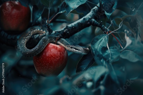 An apple tree with a snake in it next to a crimson apple, symbolizing original sin. Generative Ai.