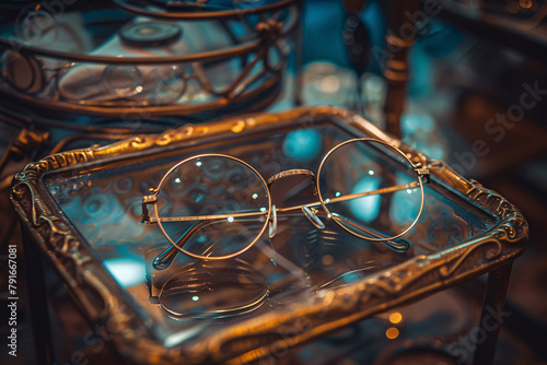 trendy circle eyeglasses on the table photo