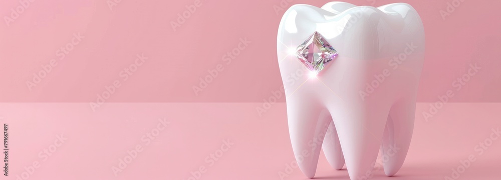 white tooth with diamond on pink background, banner for dental clinic and orthodontic service