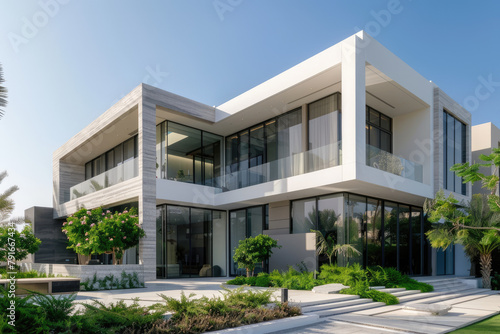 Modern contemporary villa in Dubai, white and grey walls with glass windows, concrete facade, garden, front view, blue sky, palm trees, lush green plants, contemporary architecture design