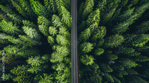 An aerial view of a road cutting through a lush green pine forest  with a painterly quality and a sense of tranquility.