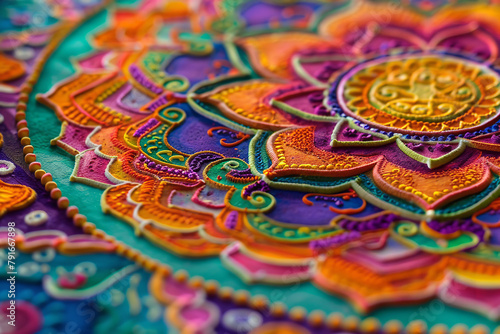 The vibrant colors of a mandala being created as a meditation on impermanence
