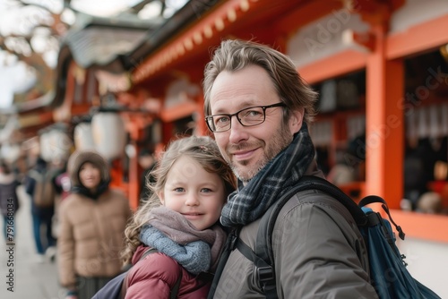 An image of a contented Caucasian family visiting Japan. Generative Ai.