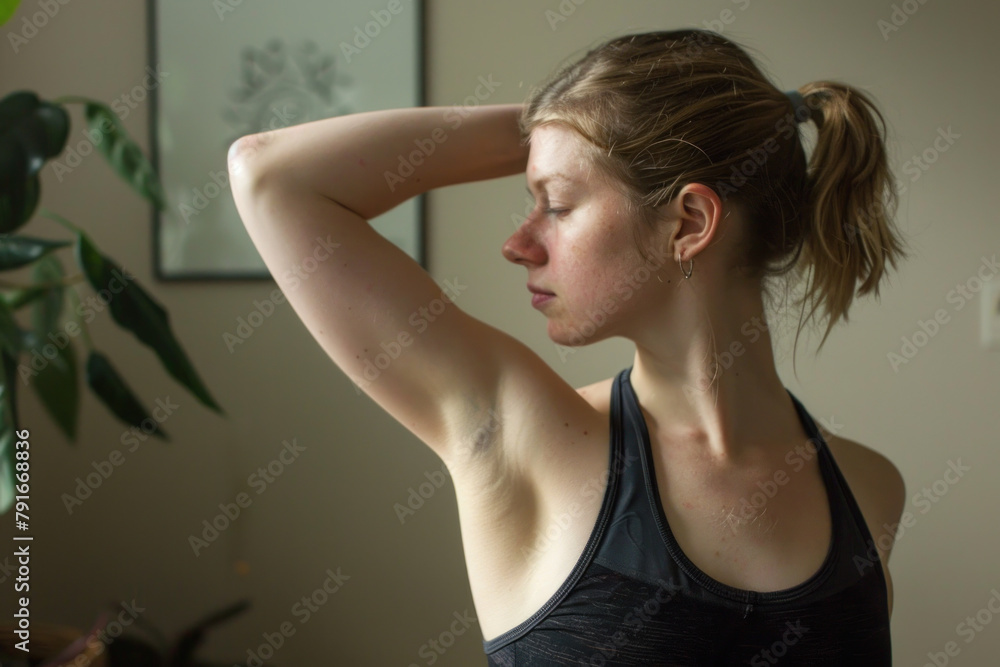 Demonstrating a daily stretch routine for a healthy upper back.
