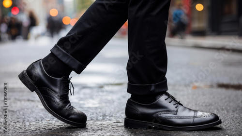 photo of men's legs against the background of a city street. business district. brooks by costum. leather shoes