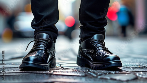 photo of men's legs against the background of a city street. business district. brooks by costum. leather shoes photo