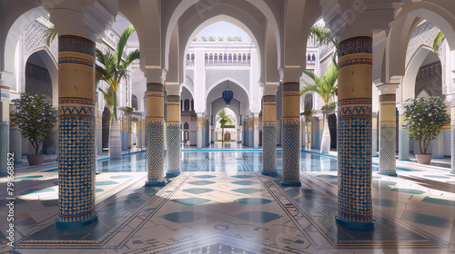 Moorish style courtyard with intricate tile work and??,arabic geometric patterns and blue and green colors conveying tranquility and cultural richness photo