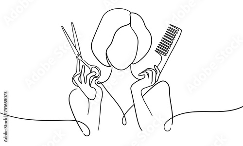 Girl hairdresser line art drawing. Woman holding scissors and comb in her hands continuous line art drawing isolated on white background. Vector illustration