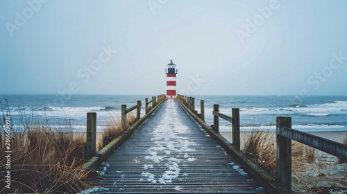 A pier with a light house at the end on the coast  photo
