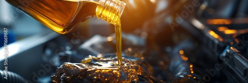 A close-up view of fresh, golden engine oil being poured into the intricate machinery of an automobile engine photo
