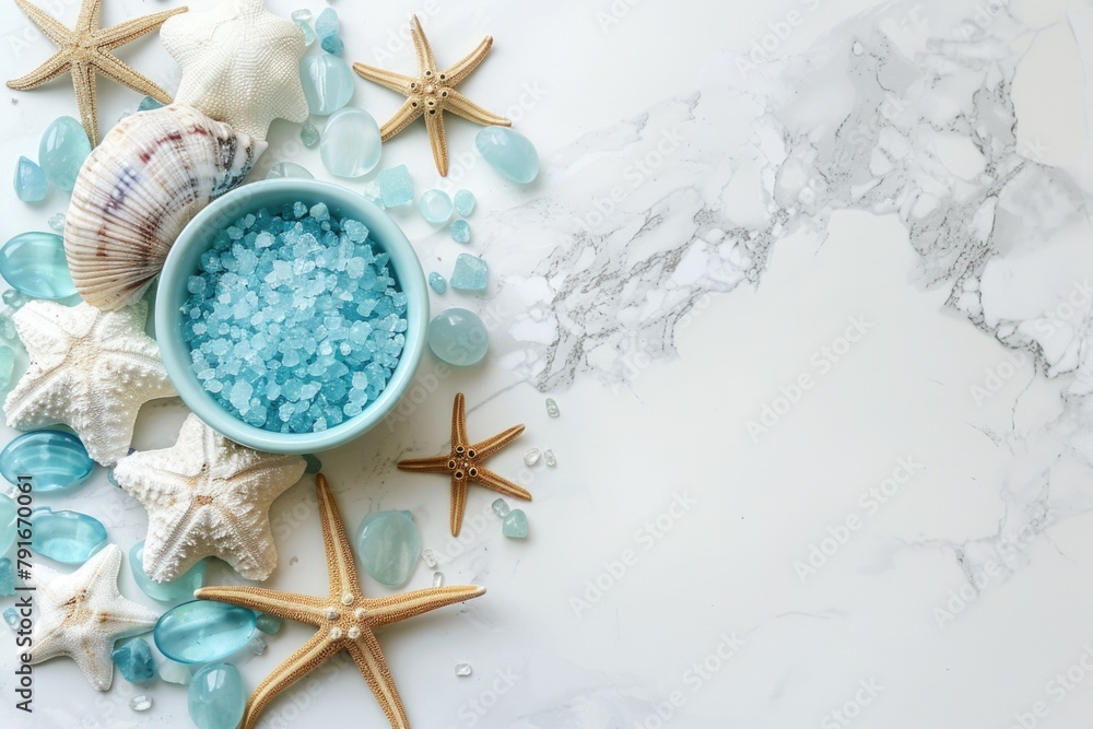 A beautiful display of sea glass and starfish on a marble surface. Perfect for beach themed decor A beautiful display of sea glass and starfish on a marble surface. Perfect for beach themed decor