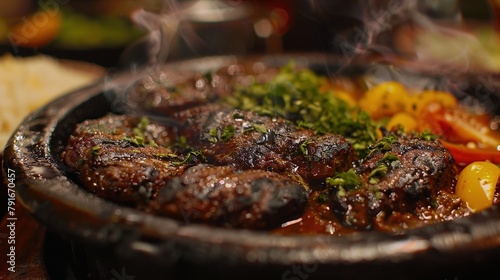 a close-up shot of a sizzling plate of Chapli Kebabs, highlighting the charred edges and rich aroma.
