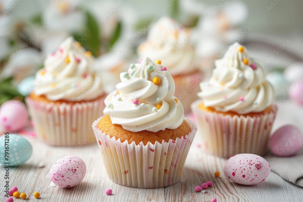 Delicious cupcakes with white frosting and colorful sprinkles, perfect for bakery or celebration themes