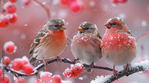 Within a heavy snowfall, European Finch birds find solace on a frost-covered branch, their delicate presence adding charm to the winter scenery