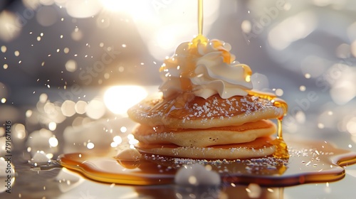 a macro shot of a stack of fluffy pancakes, dripping with maple syrup and topped with a dollop of whipped cream.  photo