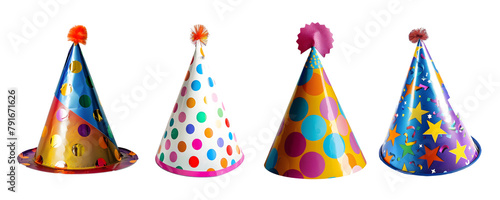 Set of Birthday party hats on transparent background. Party hats isolated on white