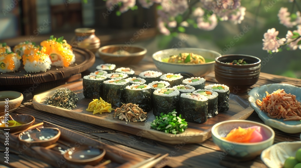 a picturesque scene of a Gimbap picnic, with neatly rolled seaweed rice rolls and colorful side dishes. a picturesque scene of a Gimbap picnic, with neatly rolled seaweed rice rolls and colorful side dishes.