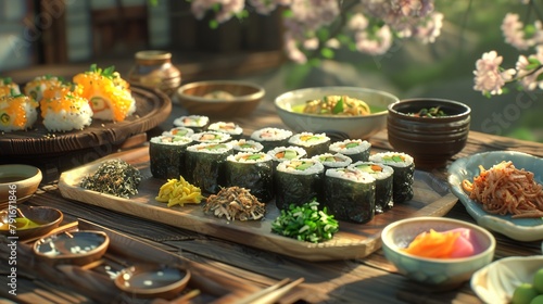 a picturesque scene of a Gimbap picnic, with neatly rolled seaweed rice rolls and colorful side dishes.