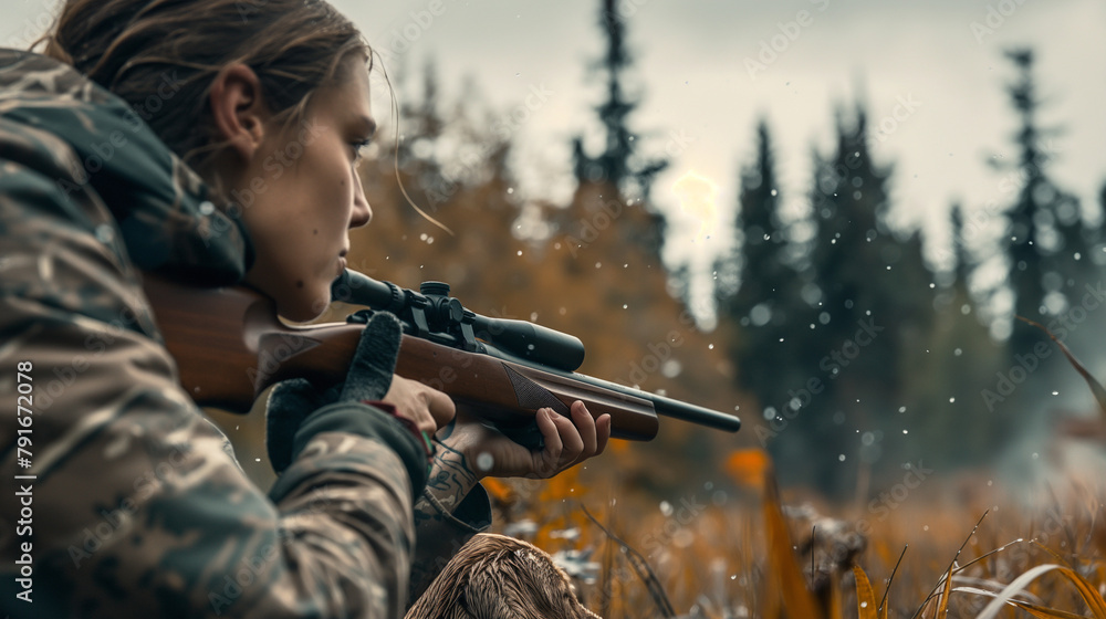 Fototapeta premium Female hunter aiming at flying ducks at sunset.