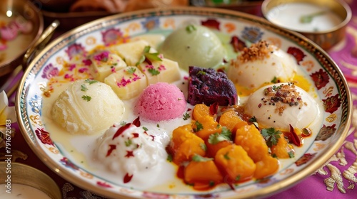 a shot of a colorful plate of Desserts, featuring Ras Malai, Kheer, and Shahi Tukda.