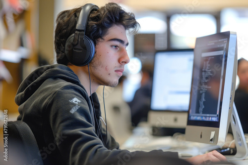 College student with headphones focused on a computer screen.