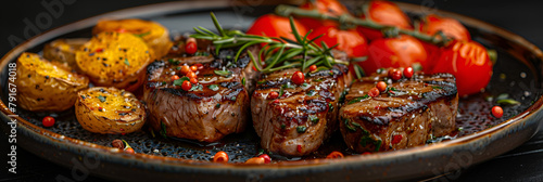 A Close-up of a Plate with Some Food, A pan of steak with vegetables and meat 