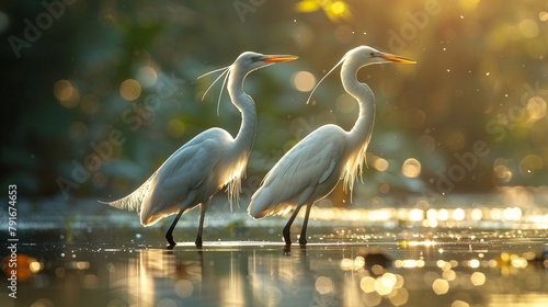 A pair of graceful herons wading through a shallow pond  their long legs and necks perfectly adapted for hunting in the summer heat