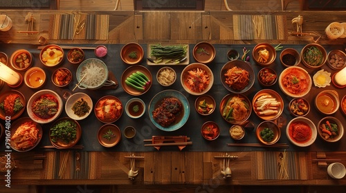 a table set with a variety of Banchan, showcasing an array of small side dishes like Kimchi, Japchae, and pickled radishes. 
