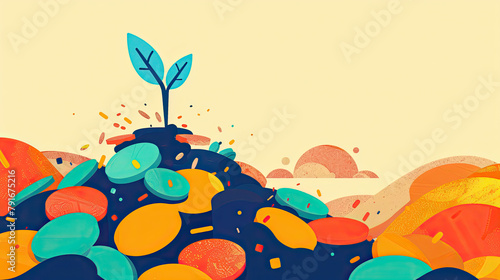 An illustration of a seedling growing from a pile of coins  symbolizing the beginning of an investment growing over time