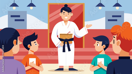 During a belt promotion ceremony a senior student shares a heartfelt speech about the value of setting goals and never giving up inspiring