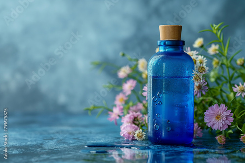 Blue bottle with essential oils and flowers on a blue background