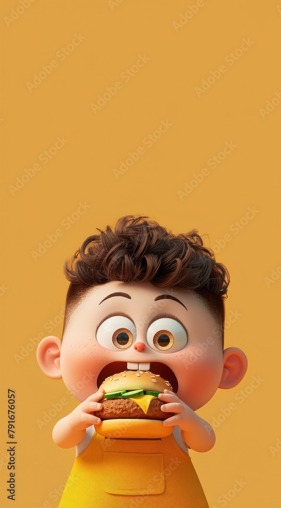 Petit garçon mangeant un hamburger, dans un style cartoon, illustration 3D, fond orange isolé, image avec espace pour texte. Petit garçon mangeant un hamburger, dans un style cartoon, illustration 3D, fond orange isolé, image avec espace pour texte.